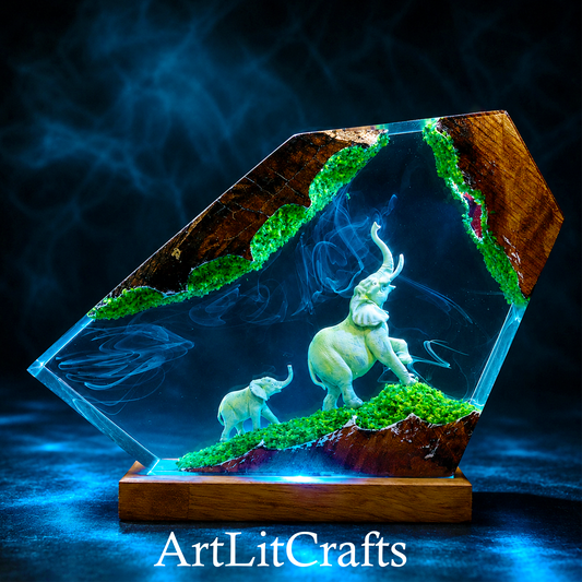 Decorative lamp with elephants on a rocky landscape, featuring the brand 'ArtLitCrafts'.