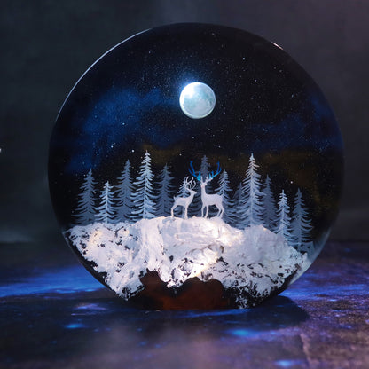 handmade deer forest resin lamp with moonlight night scene