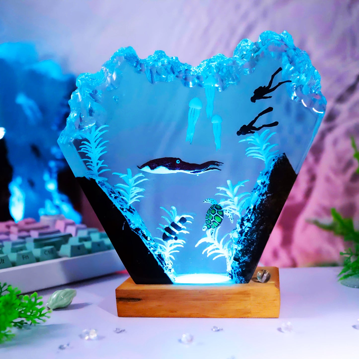 handmade ocean diver resin lamp with squid and LED lighting