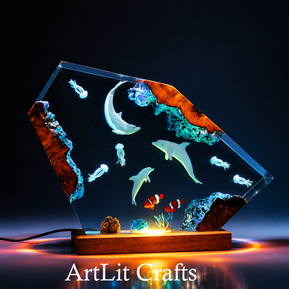 Dolphin Family Ocean Epoxy Resin Lamp – Handmade LED Night Light
