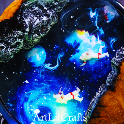 Close-up of floating astronaut resin artwork