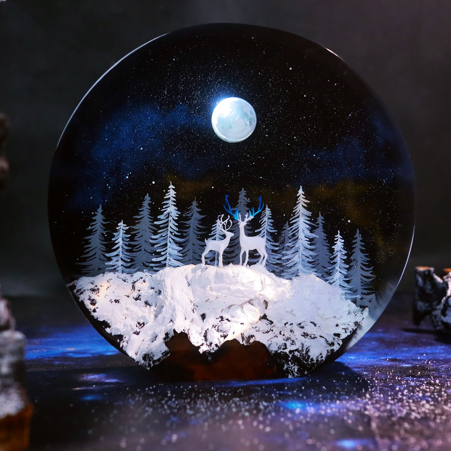 handmade deer forest resin lamp with moonlight night scene