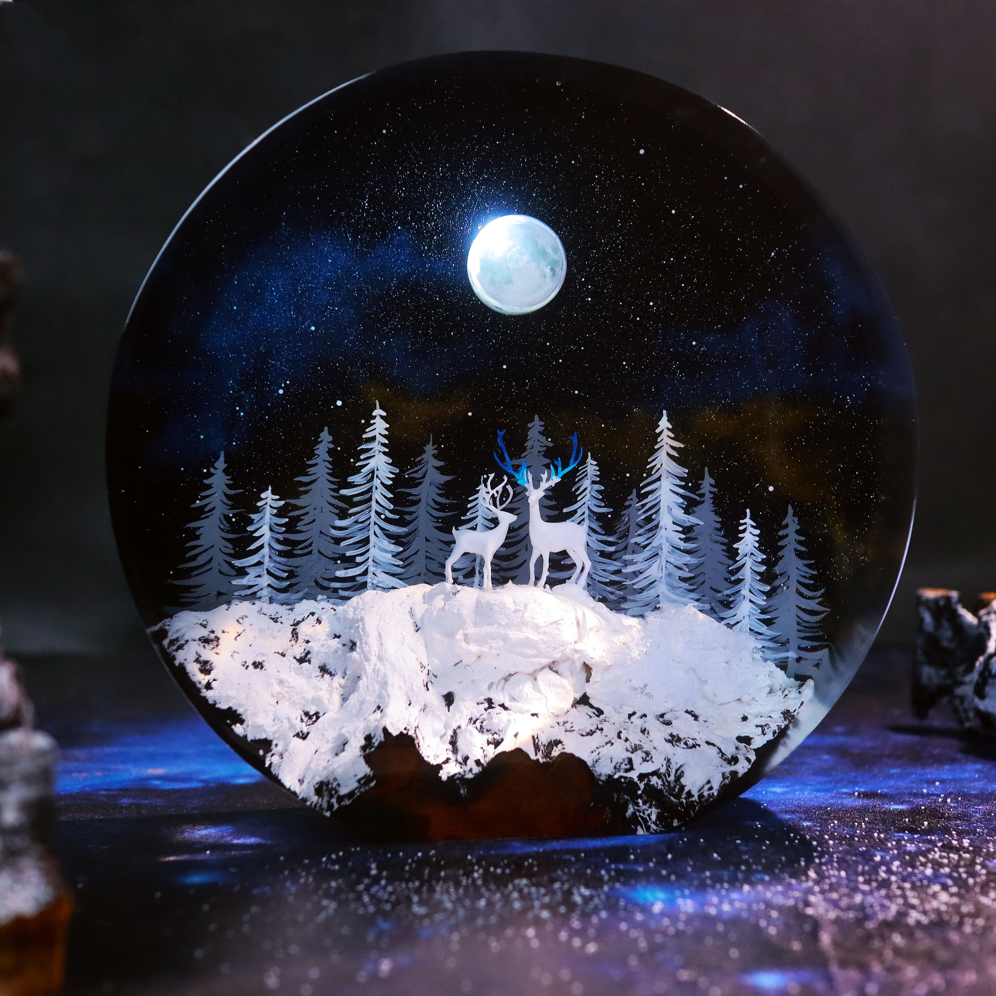 handmade deer forest resin lamp with moonlight night scene