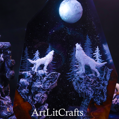 full moon and wolf resin lamp handcrafted detail