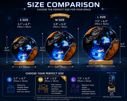 Size comparison chart for decorative globes with dimensions and space suggestions.