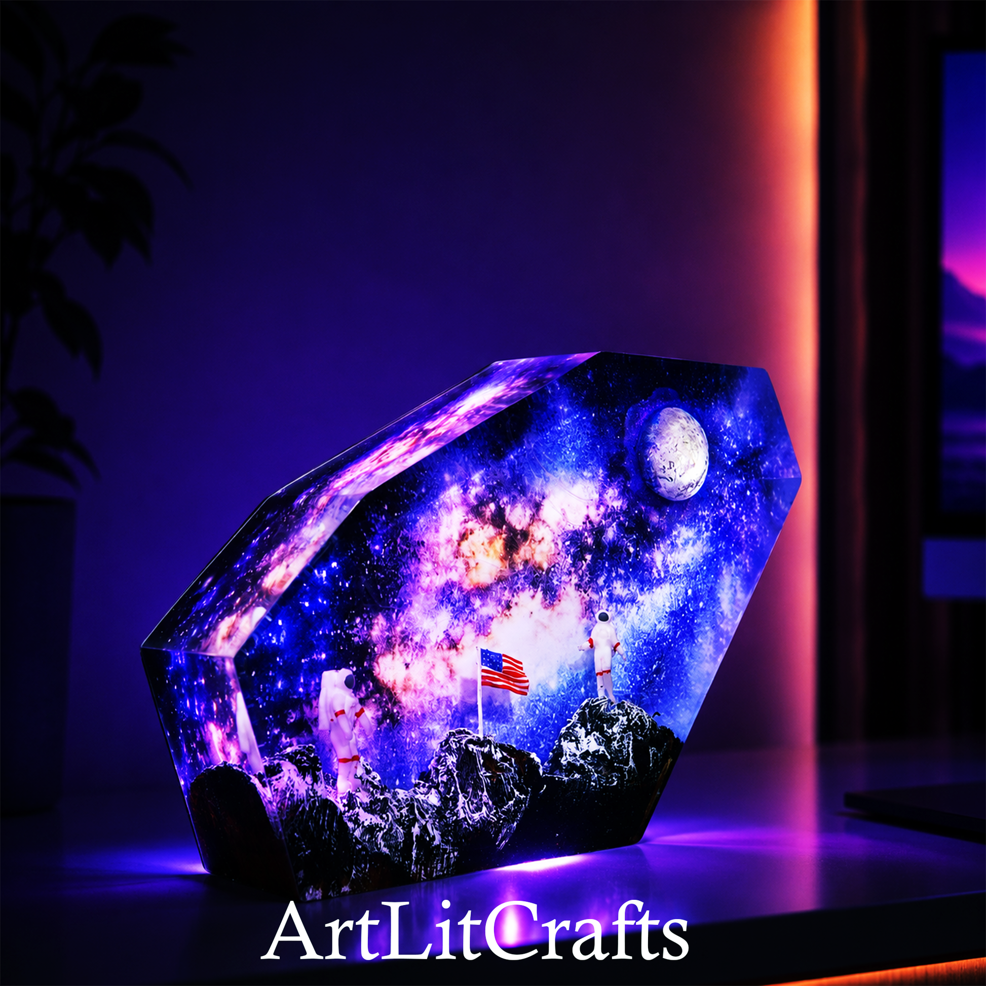 Galaxy Moon Landing Resin Lamp front view with astronauts and moon
