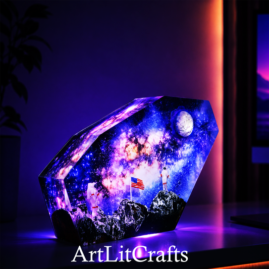 Galaxy Moon Landing Resin Lamp front view with astronauts and moon