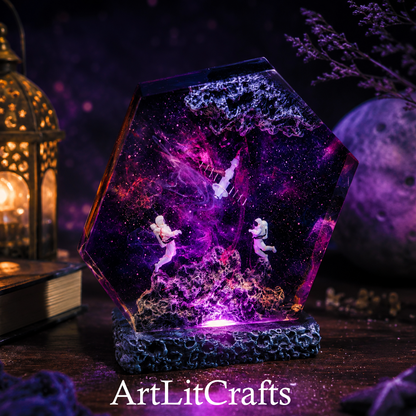 galaxy astronaut resin lamp used in gaming room decor, on a dark background with 'ArtLitCrafts' branding.