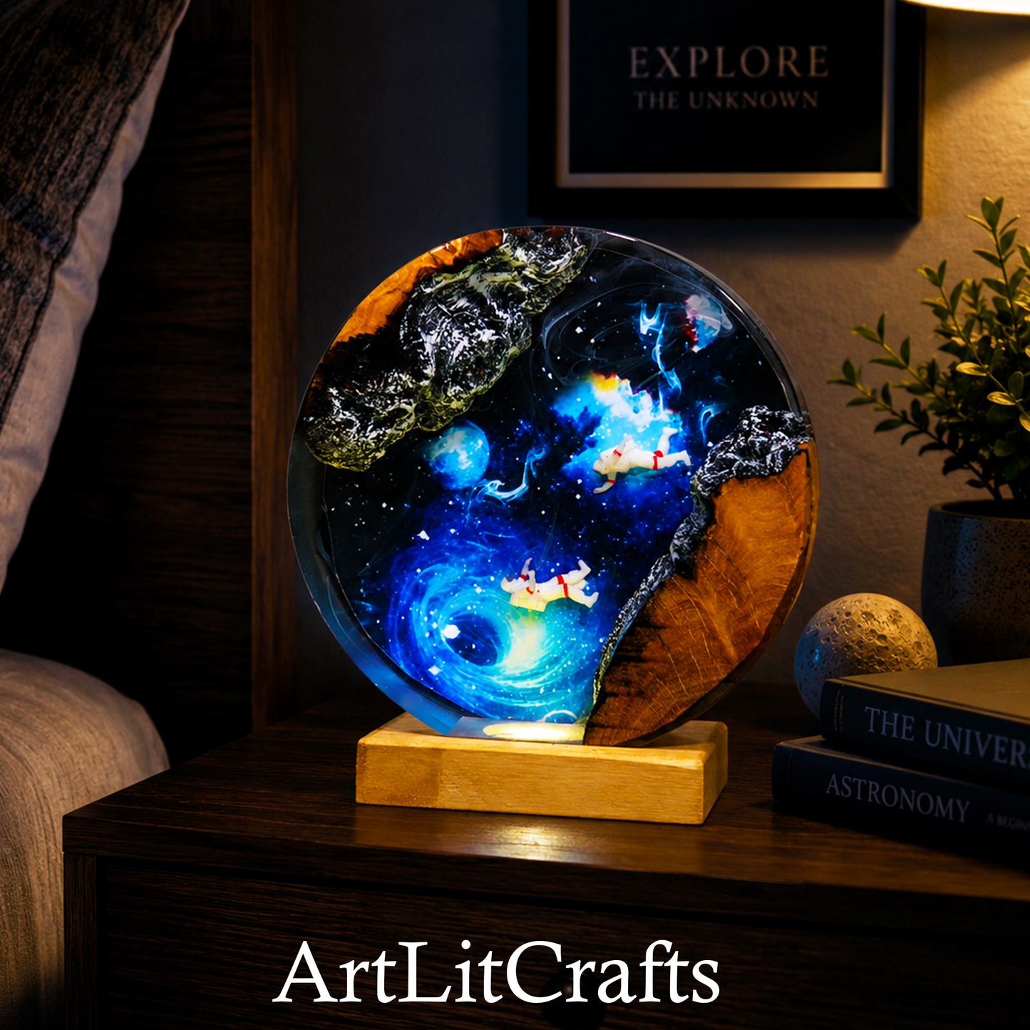 Galaxy resin lamp displayed as room décor