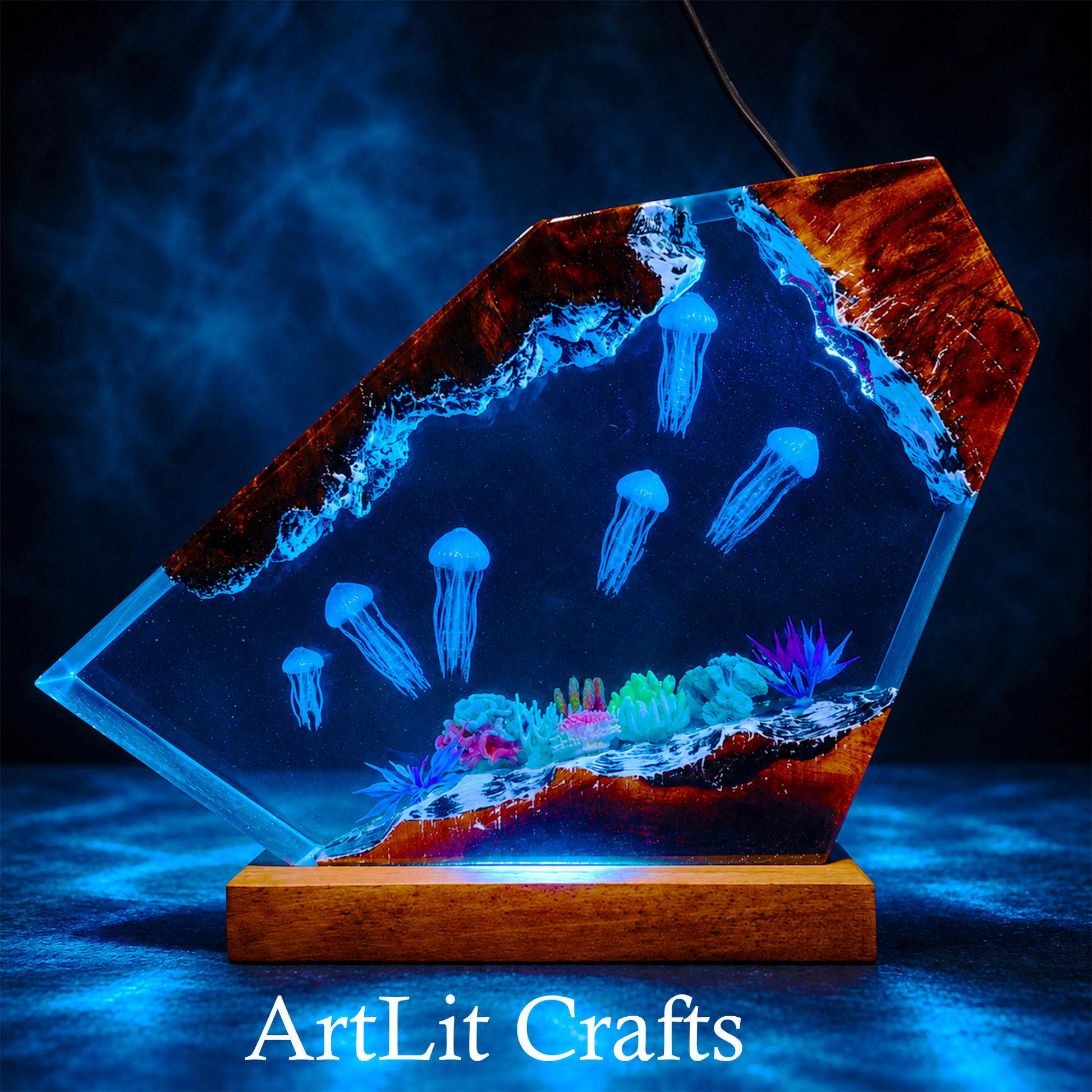 illuminated jellyfish resin lamp with blue ambient lighting, branded 'ArtLit Crafts'.
