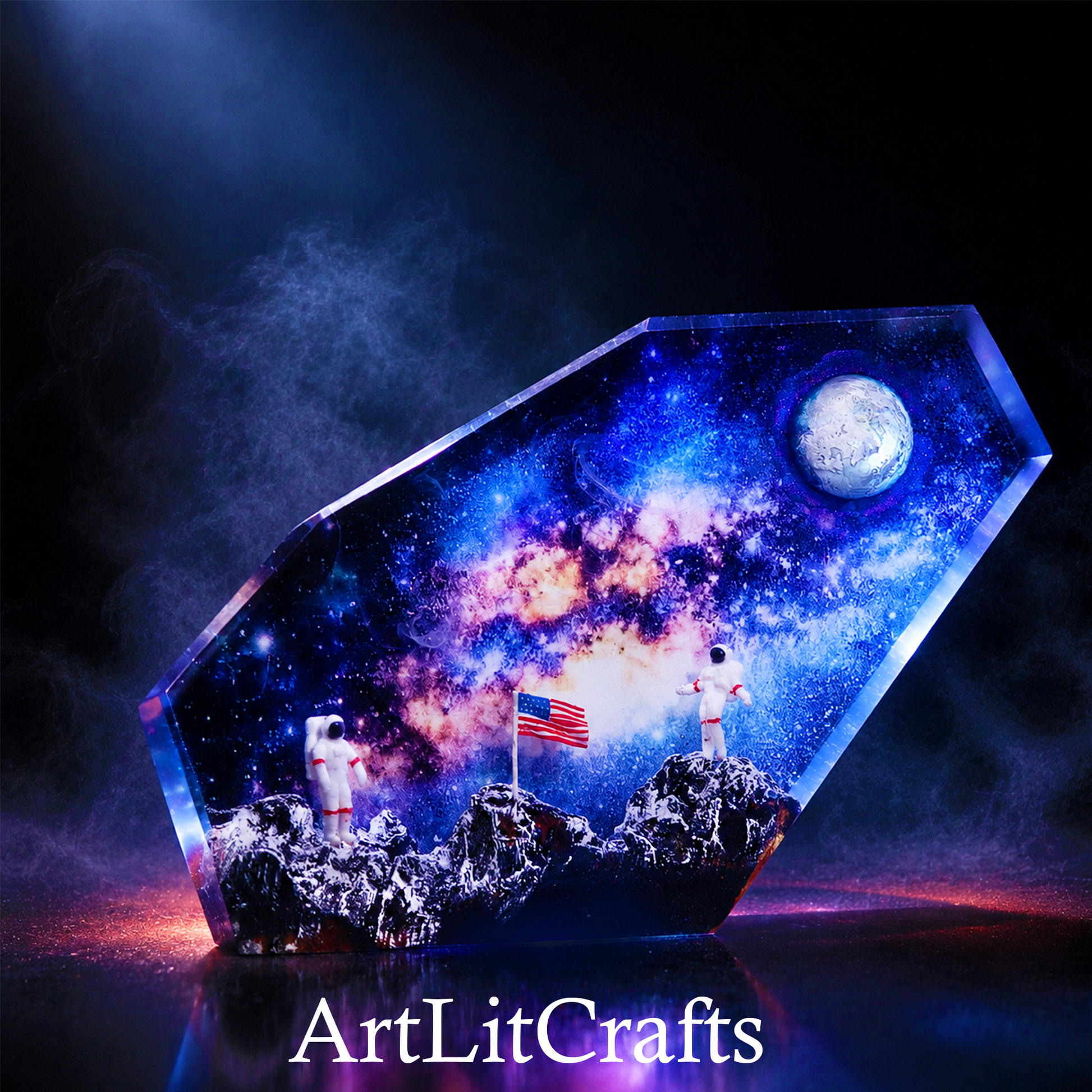 Handmade astronaut resin lamp glowing galaxy scene