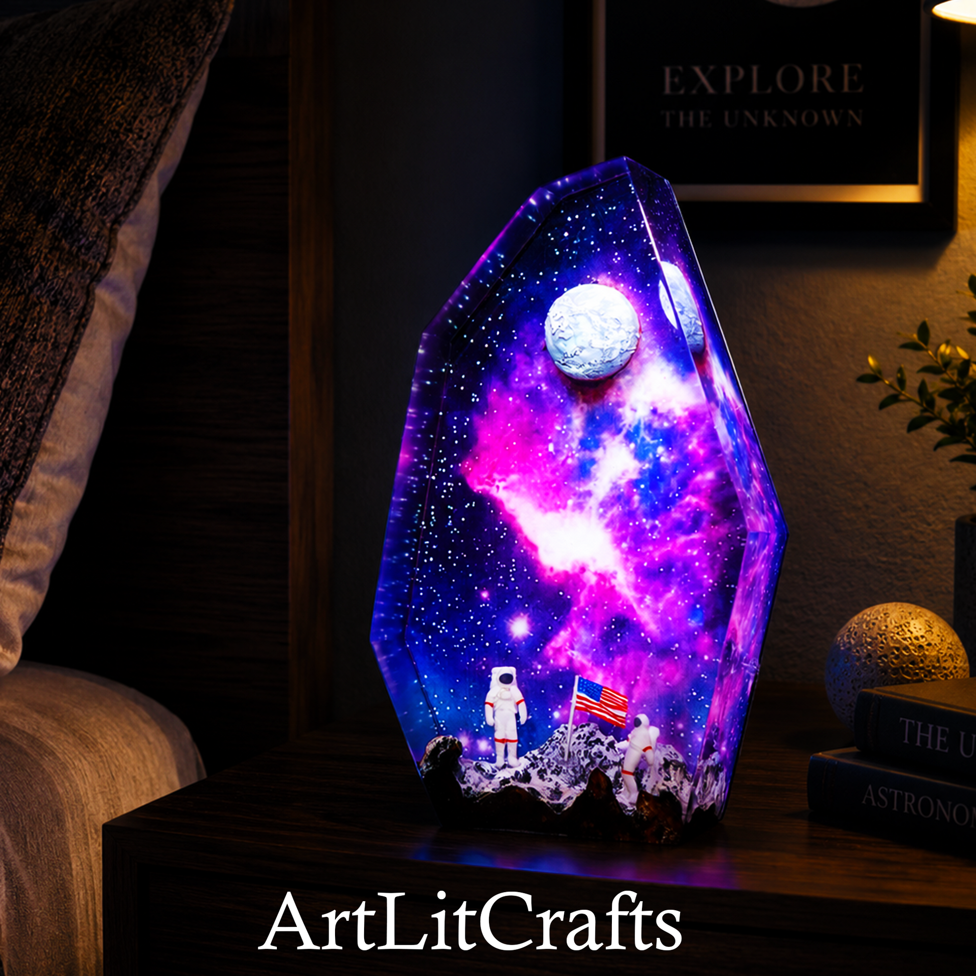 Handmade Galaxy Resin Lamp with glowing moon