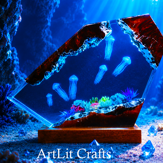 handmade jellyfish ocean resin lamp with glowing underwater scene