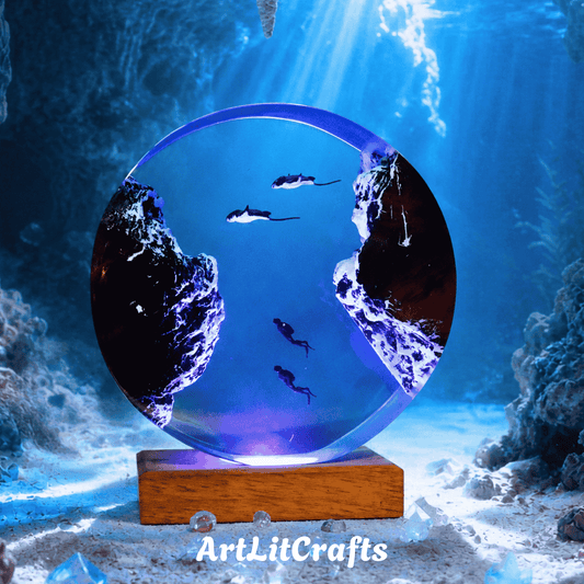 handmade manta ray diver resin lamp with LED lighting