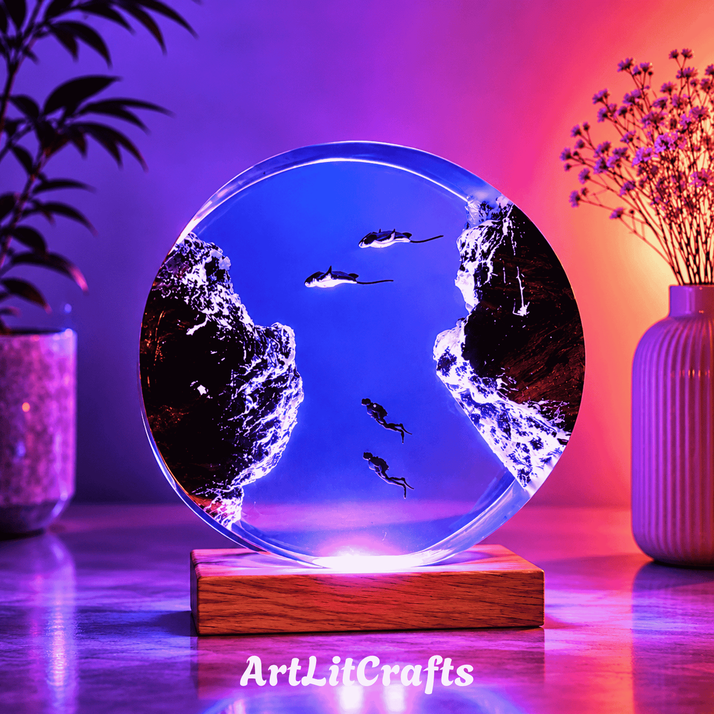 Decorative piece with underwater scene on a wooden base, illuminated with purple and blue lights, featuring the brand 'ArtLitCrafts'.