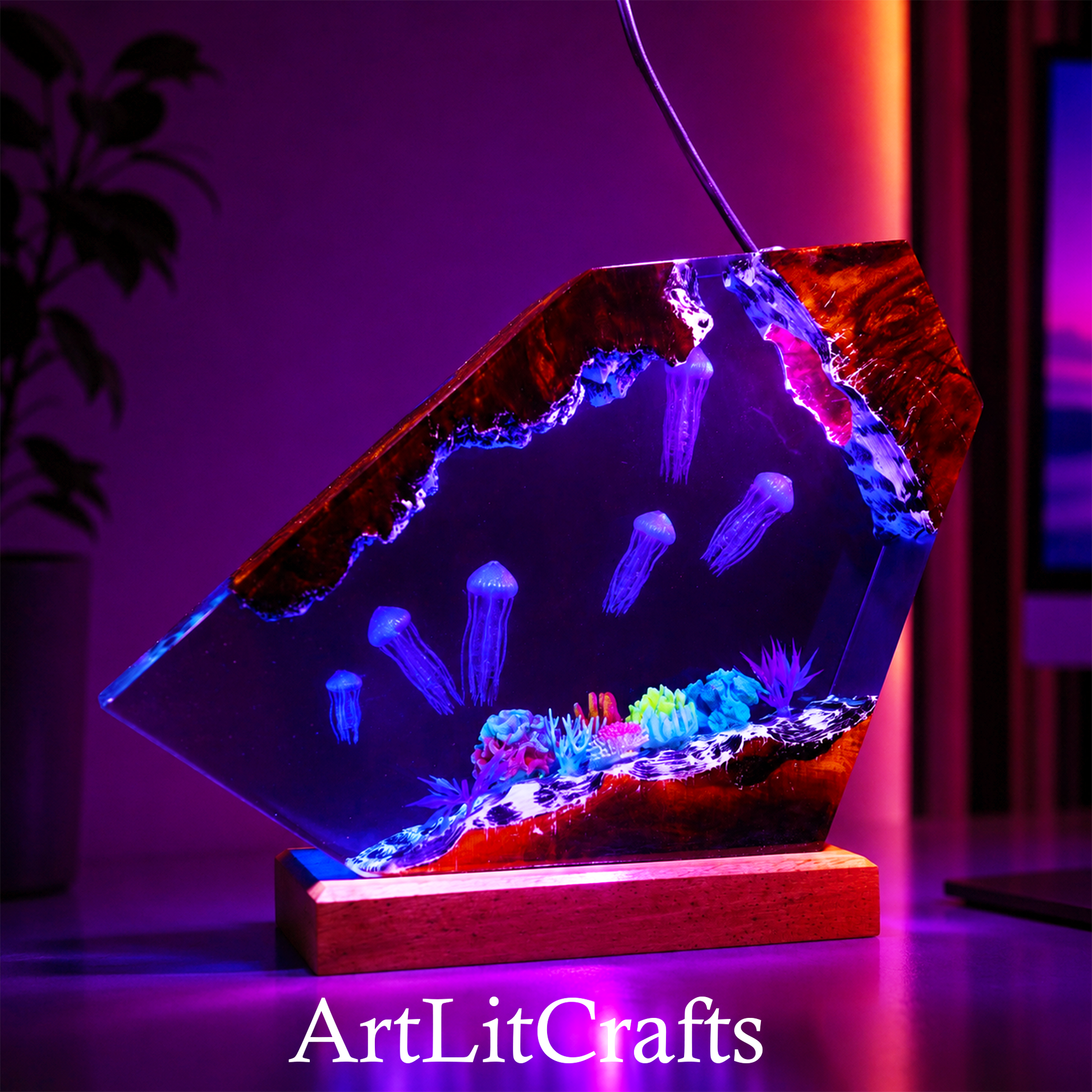 ocean themed jellyfish resin lamp used as home decor, branded 'ArtLitCrafts'.