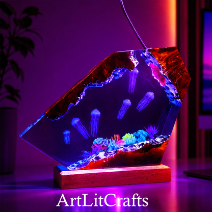 ocean themed jellyfish resin lamp used as home decor, branded 'ArtLitCrafts'.
