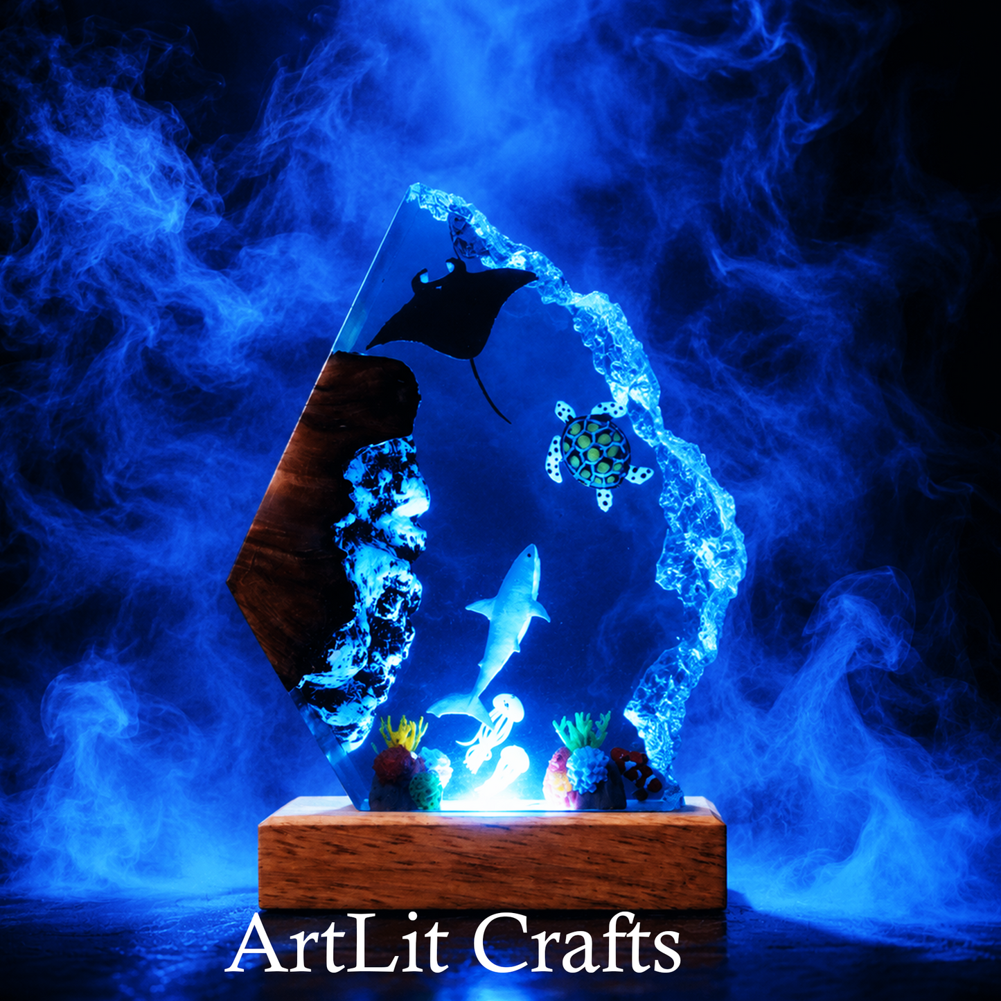 ocean resin lamp side angle with turtle shark and manta ray