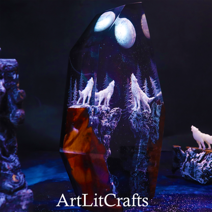 Decorative lamp with wolves and trees design, featuring the brand 'ArtLitCrafts'.