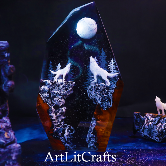 Decorative piece with wolves and a moon, featuring the brand 'ArtLitCrafts'.