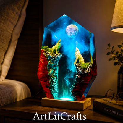 Decorative lamp with two wolves under a moonlit sky used as calming bedside night light decor, branded 'ArtLitCrafts'.