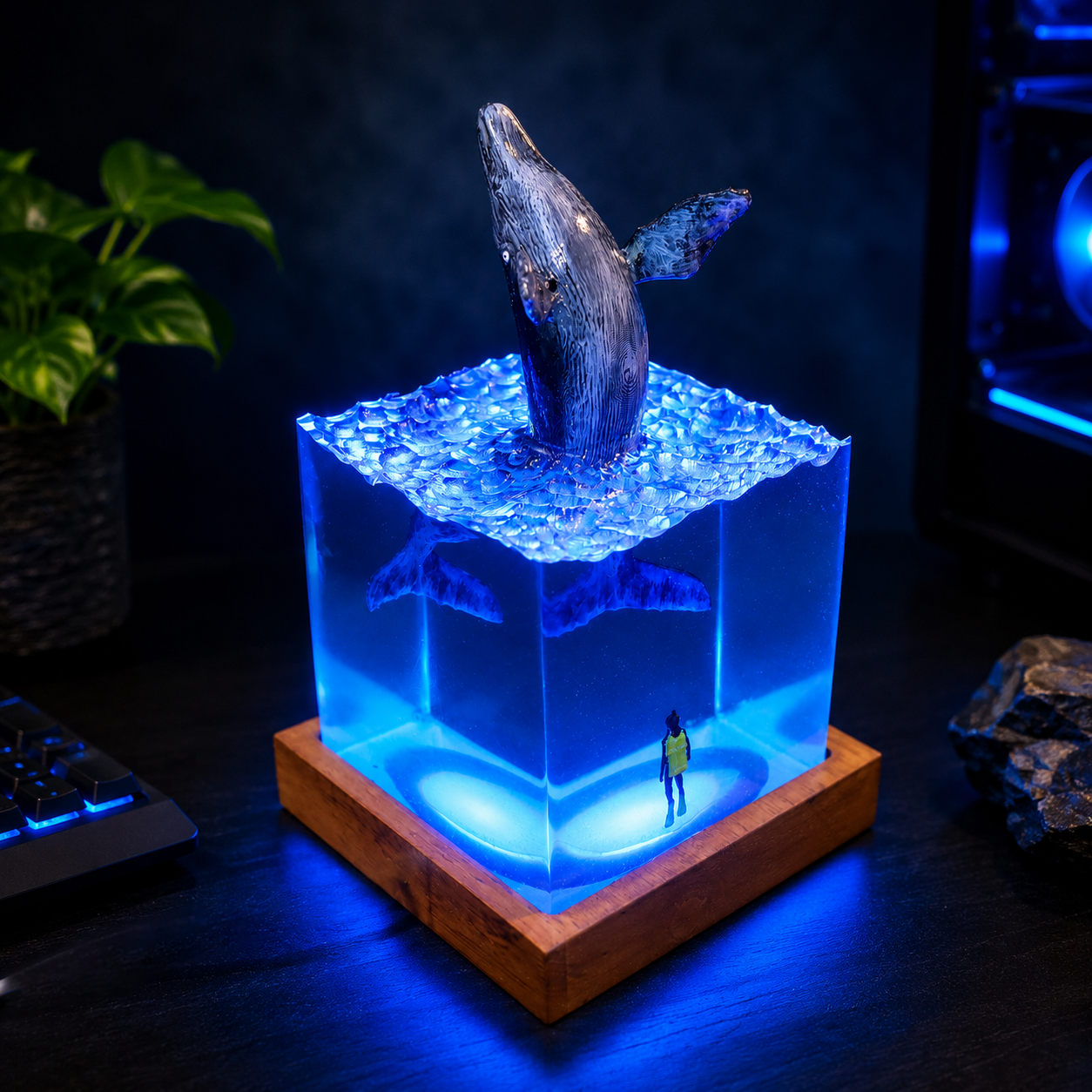 Ocean epoxy resin lamp featuring whale emerging from glowing sea waves