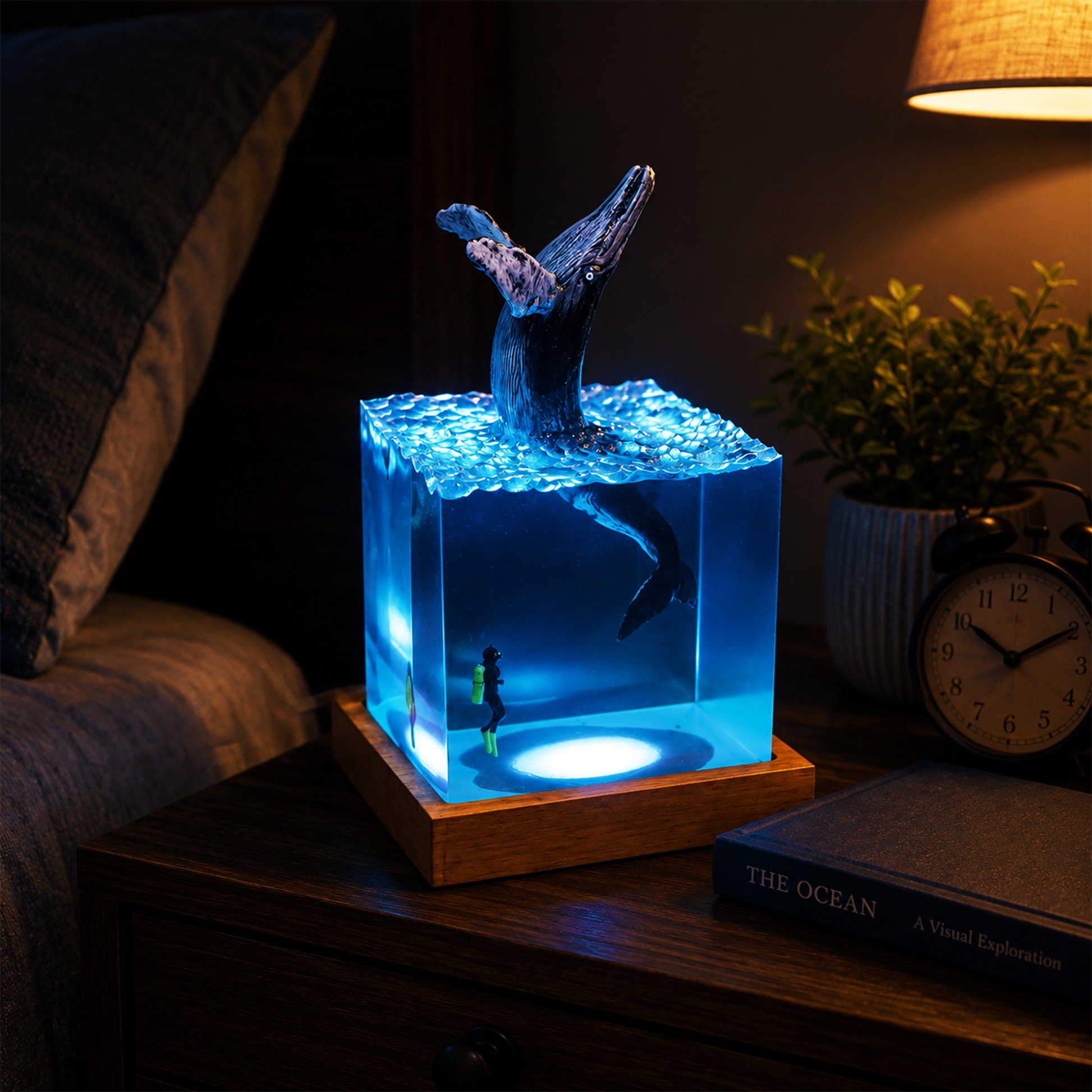 Blue LED breaching whale resin lamp inspired by ocean life