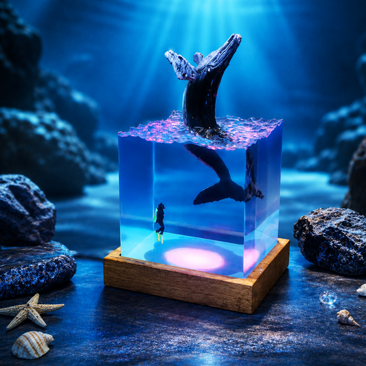 Handmade breaching whale resin lamp with underwater diver ocean scene