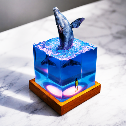 Illuminated whale resin lamp creating a calming underwater atmosphere
