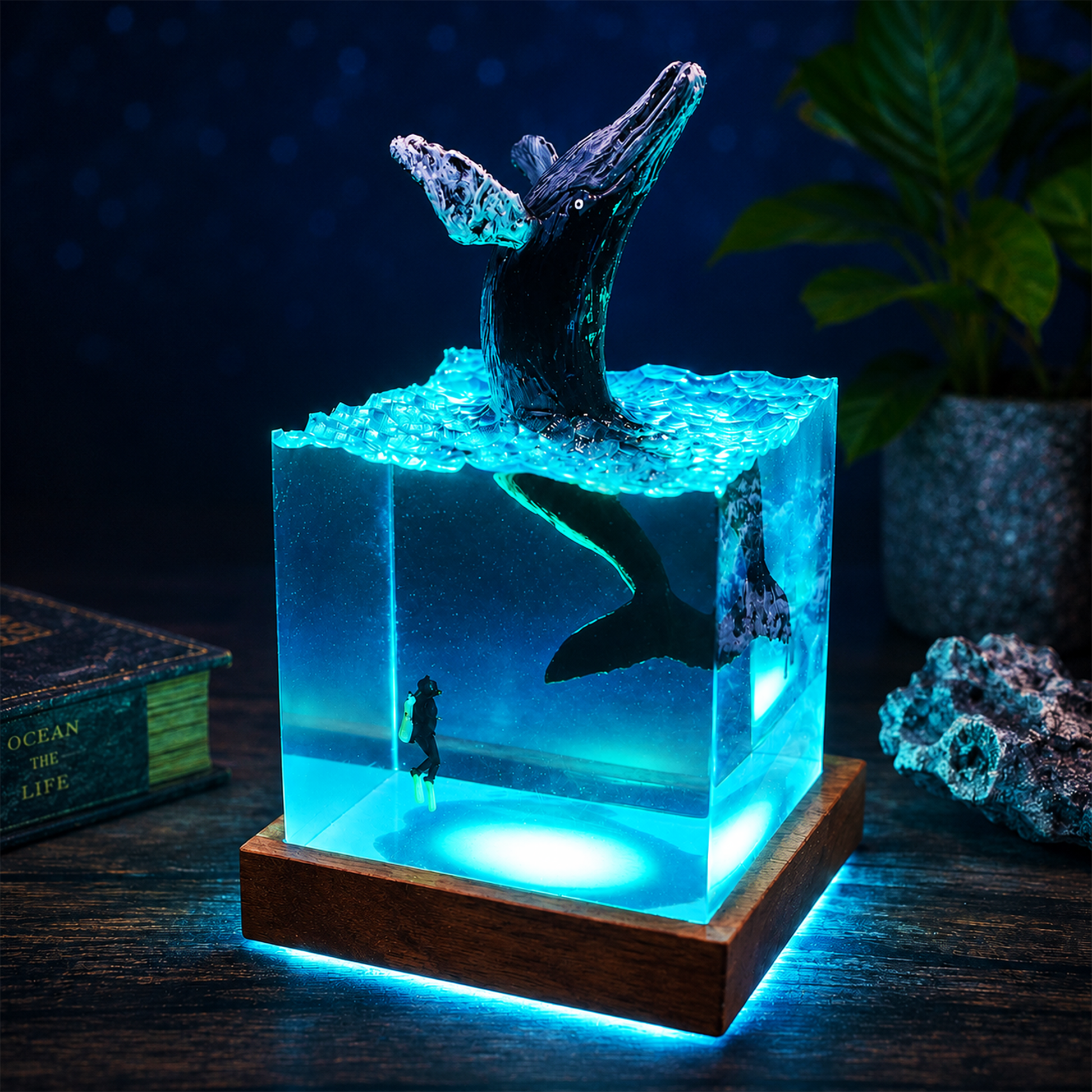 Side angle view of handcrafted whale resin lamp with marine artwork