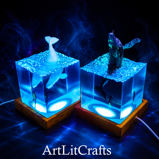 Ocean Giants Beluga and Sperm Whale handmade resin lamp glowing with blue ocean LED light