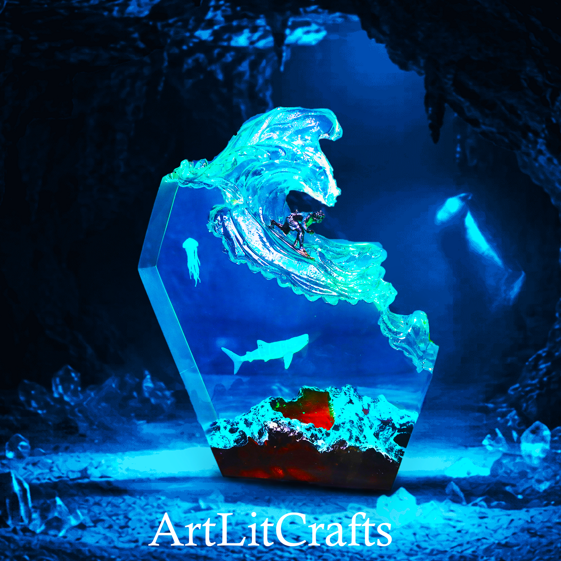 ocean inspired resin night light creating relaxing atmosphere, featuring the brand 'ArtLitCrafts'.