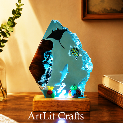 ocean resin lamp used as bedside table decor, branded 'ArtLit Crafts'.