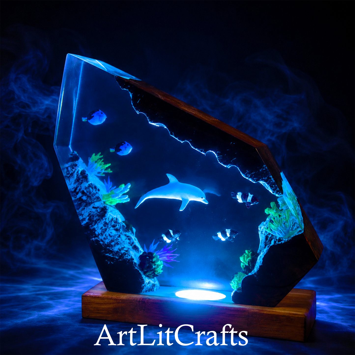 ocean resin lamp RGB lighting dolphin reef scene on a dark background, featuring the brand 'ArtLitCrafts'.
