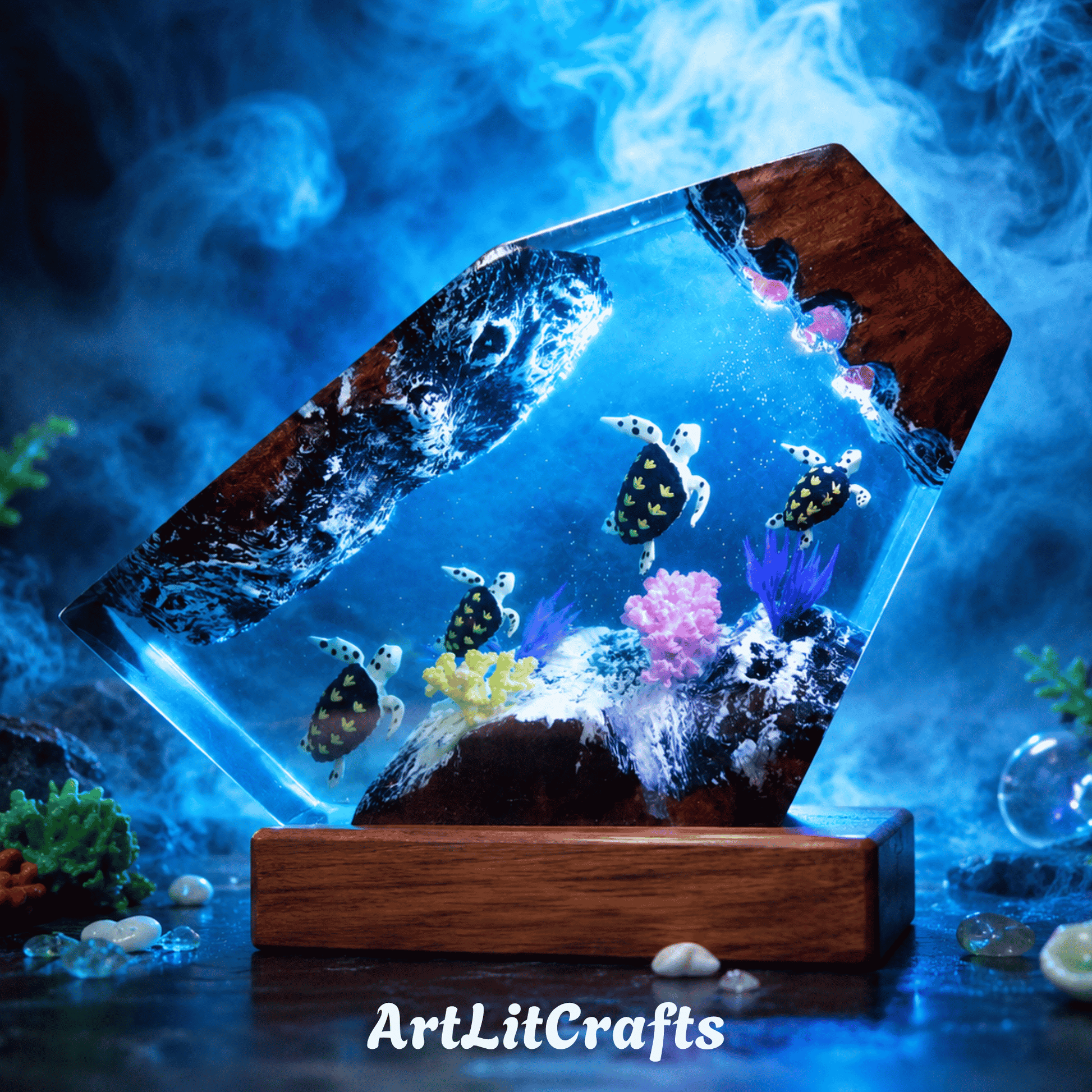 Illuminated sea turtle resin lamp creating realistic ocean ambiance