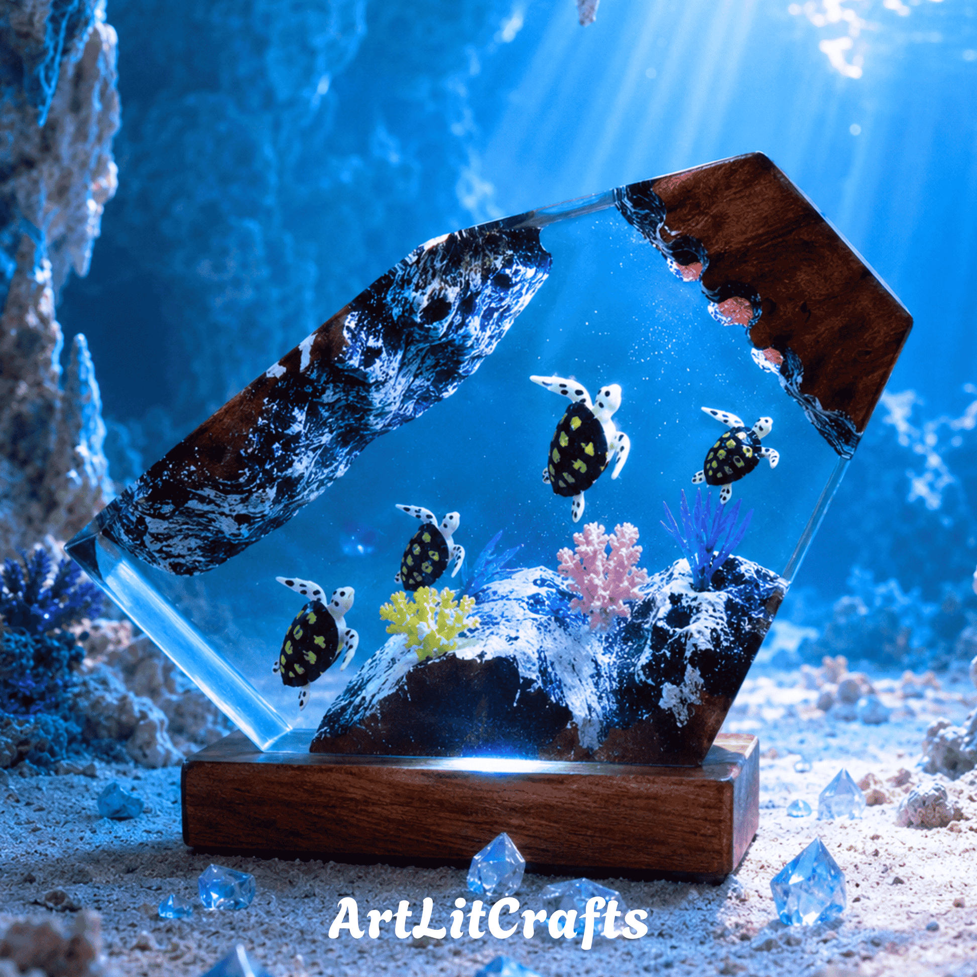 Handmade ocean turtle resin lamp with sea turtles swimming through an underwater canyon