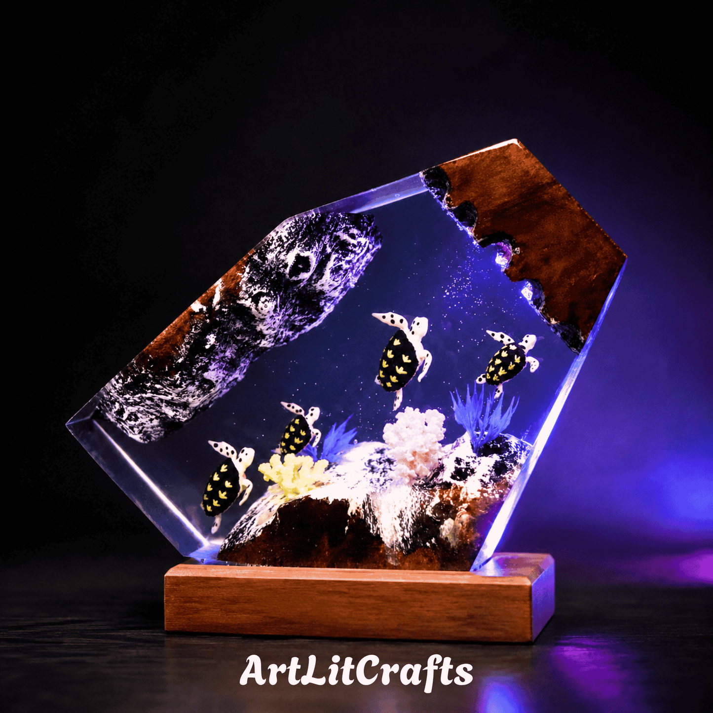 Side view of handcrafted sea turtle resin lamp with deep ocean design