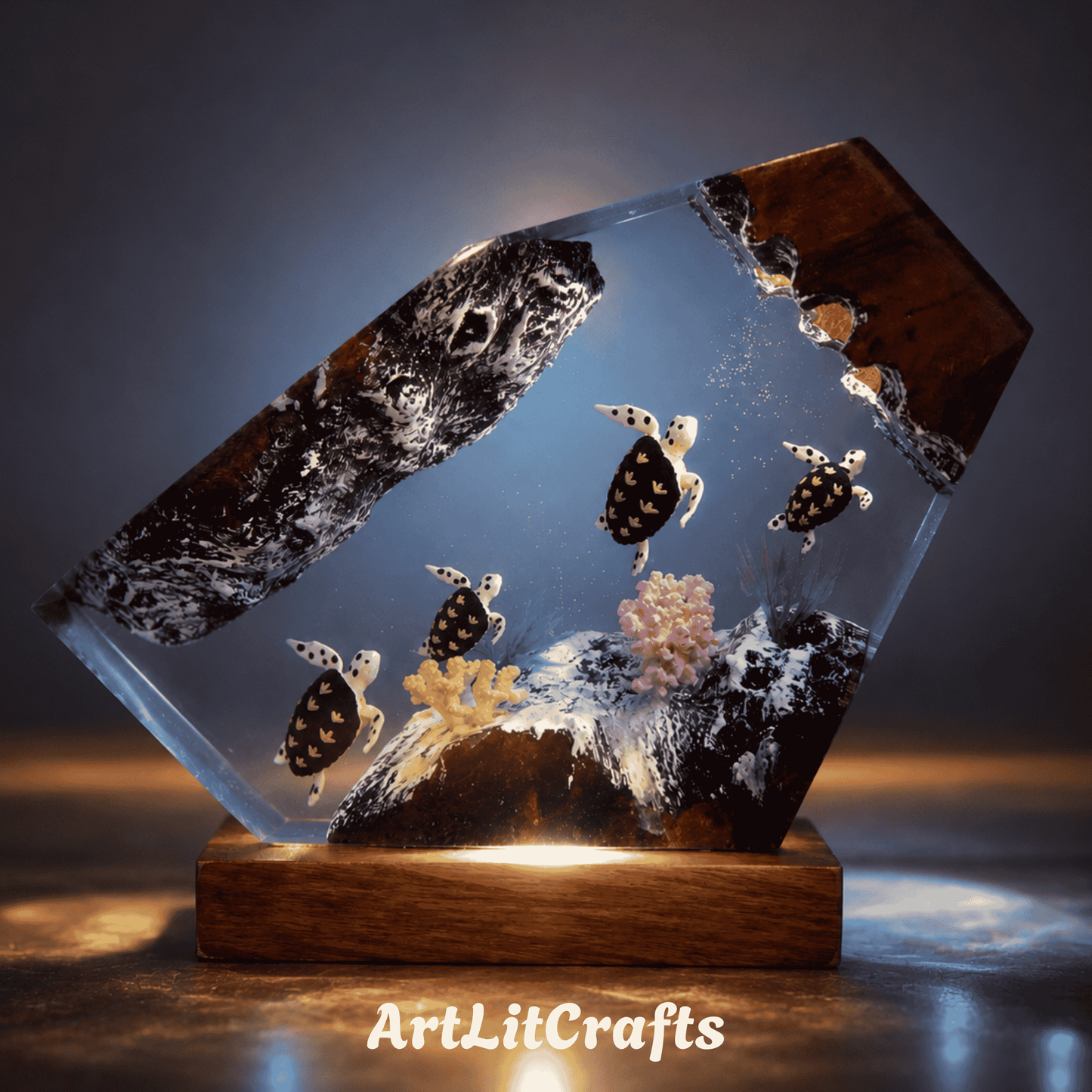 Color-changing ocean turtle resin lamp with marine life artwork