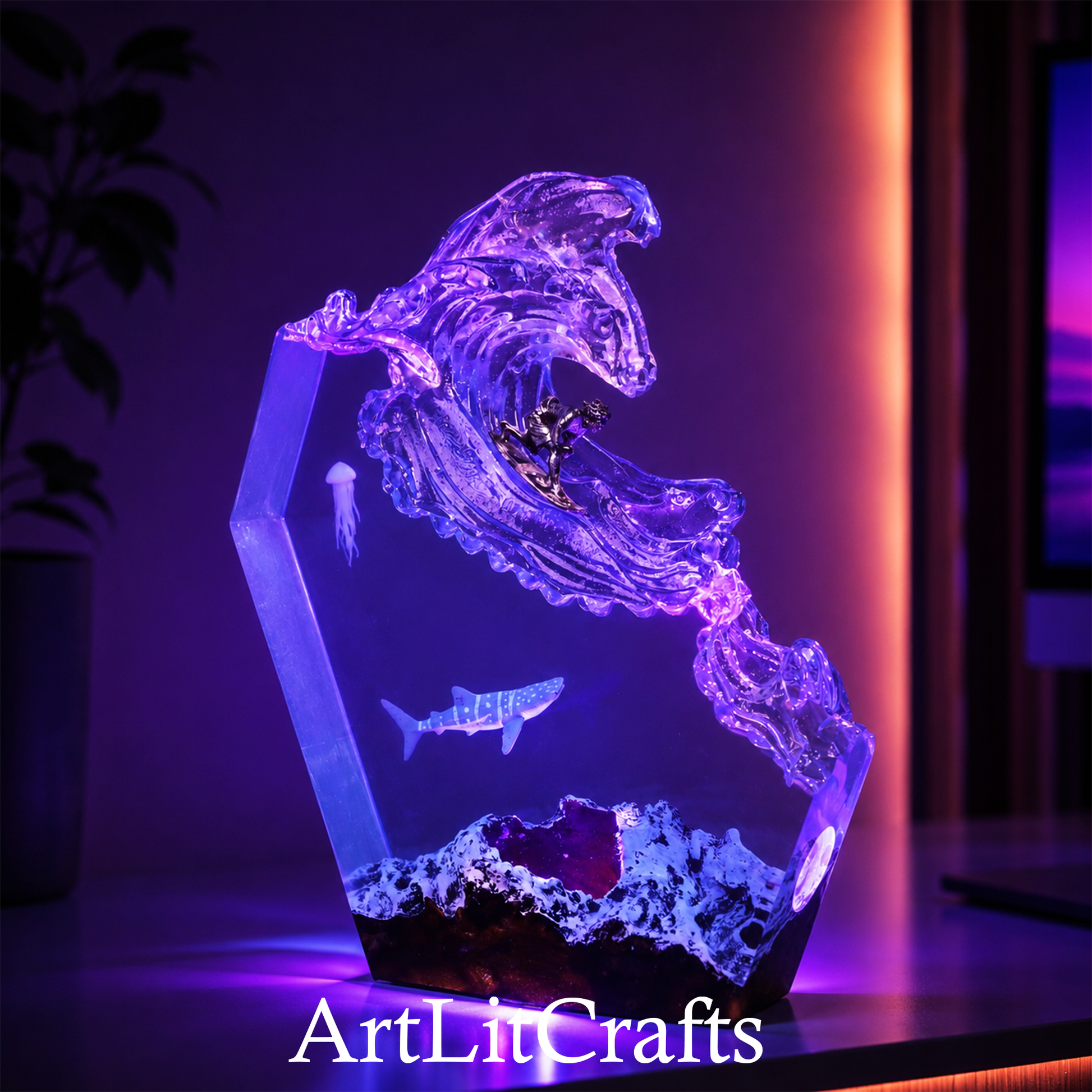 ocean wave resin lamp glowing with purple ambient light