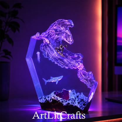 ocean wave resin lamp glowing with purple ambient light