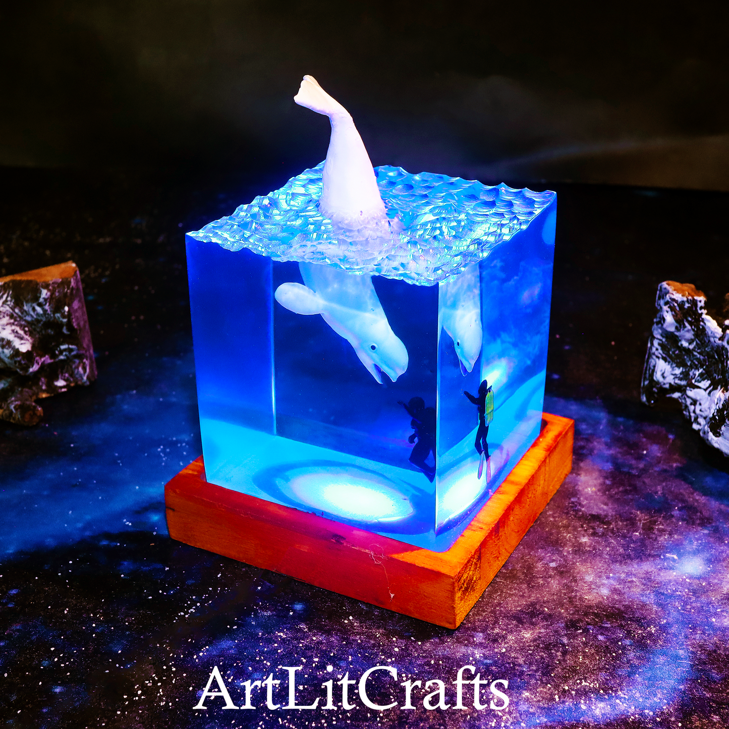 ocean whale resin lamp illuminated with blue LED lighting