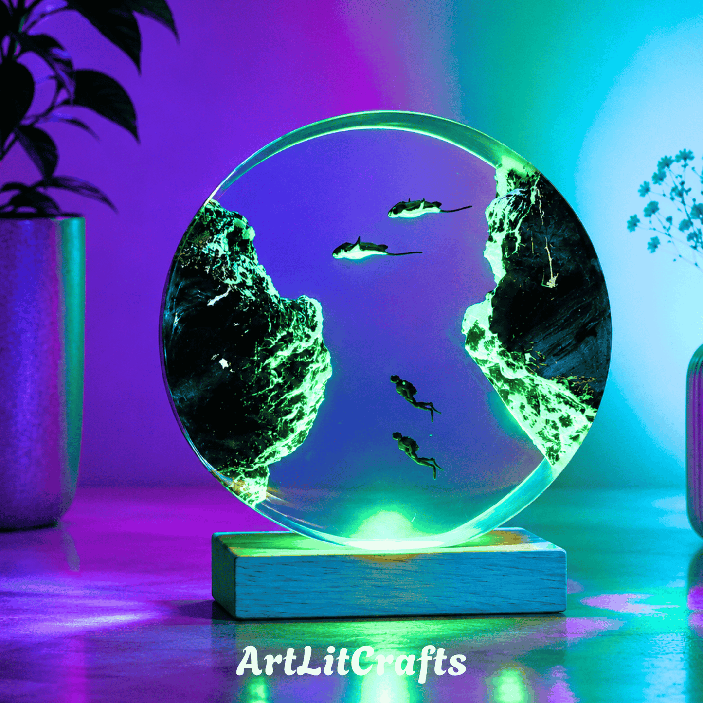Decorative light fixture with underwater scene design on a wooden base, featuring the brand 'ArtLitCrafts'.