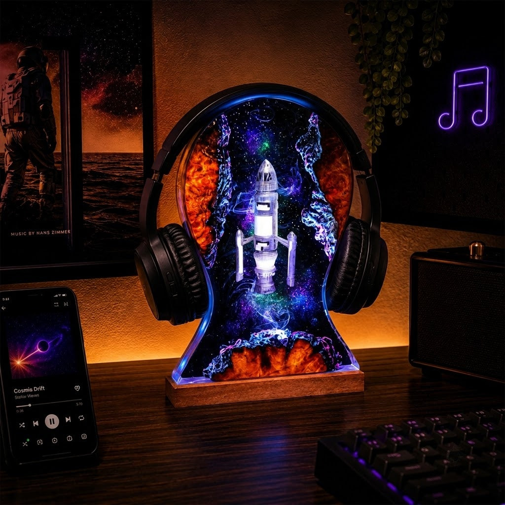 A decorative headphone-shaped LED night light on a wooden desk, featuring a colorful space scene with a rocket ship and glowing blue, purple, and orange details. Black over-ear headphones are integrated into the top of the lamp, and the product is shown in a styled room setting with a phone, keyboard, and speaker nearby.