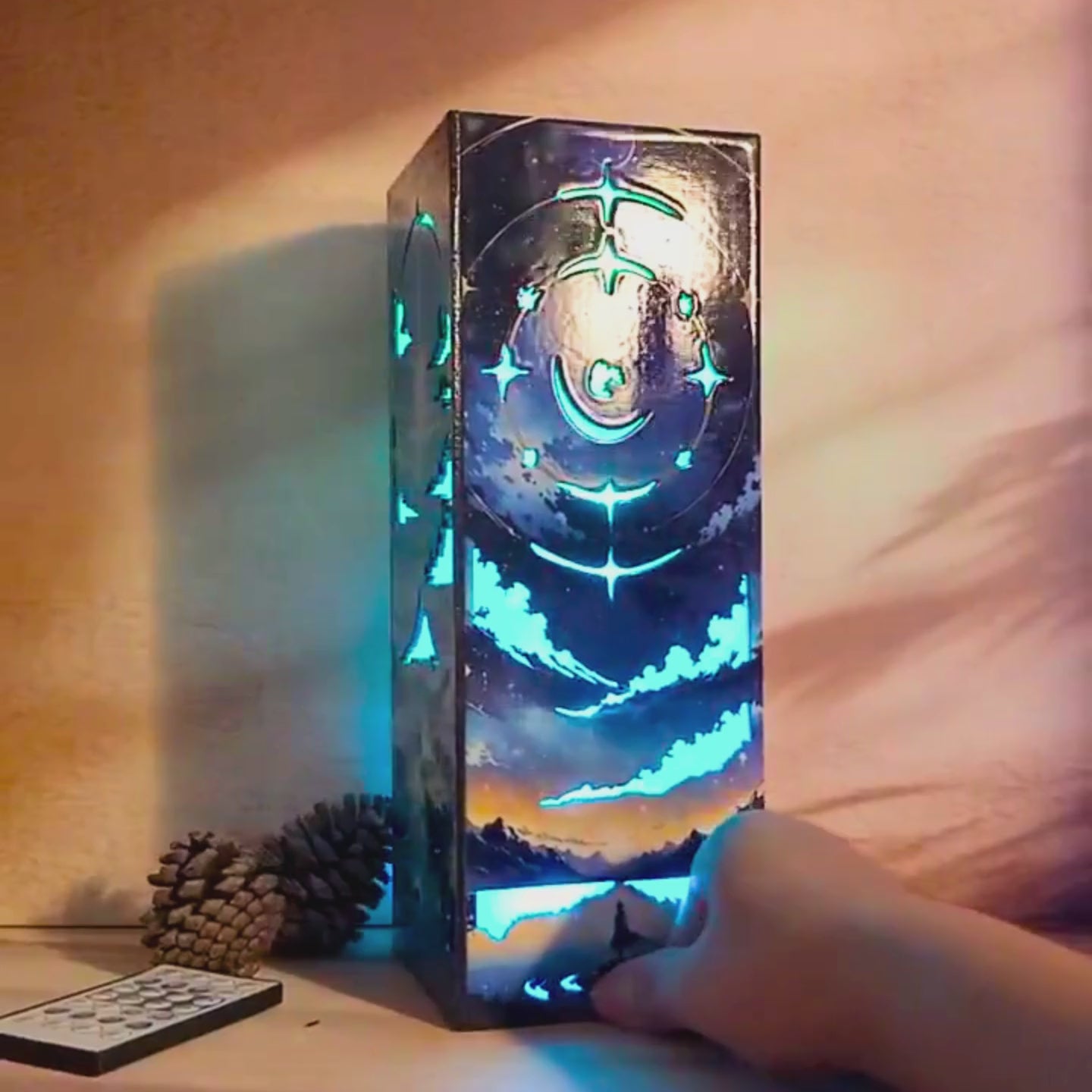 Moon, Cloud, Earth, and Sun-Inspired Wooden box Lamp