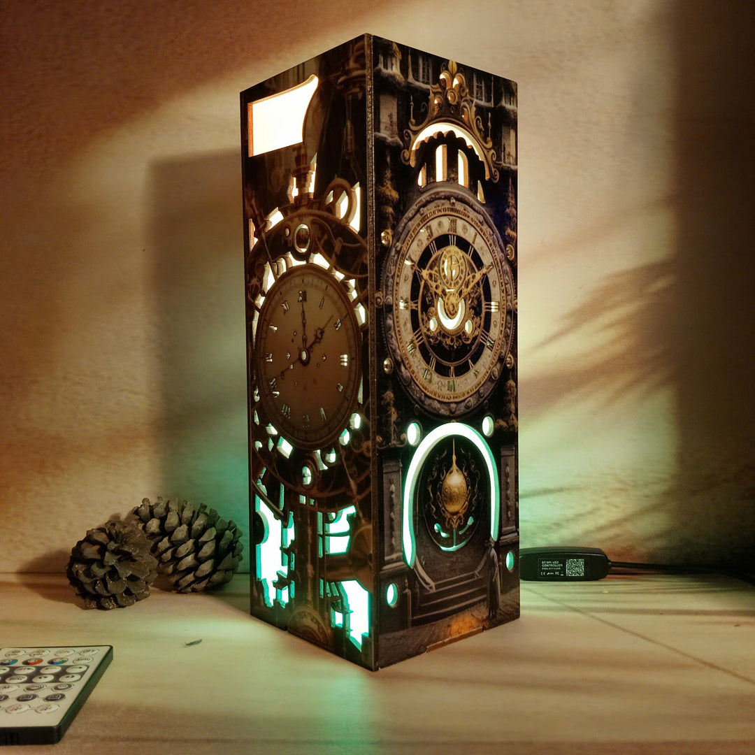 Video showing details of the ancient magic clock lamp, with 4 sides visible, featuring magical clock face and rune cut-outs, glowing under vibrant RGB LED light.