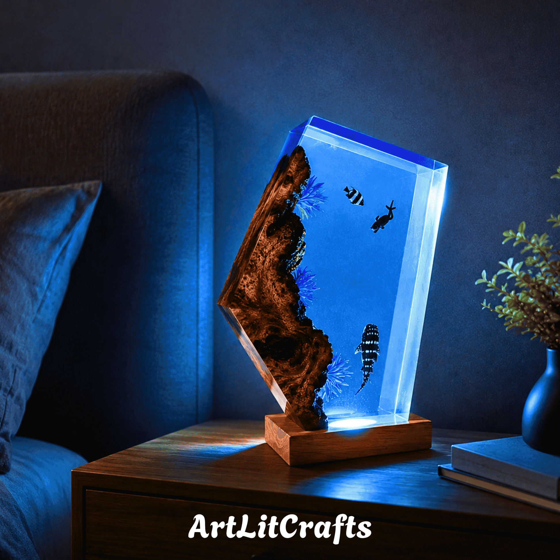 reef diver resin lamp used as bedside table decor