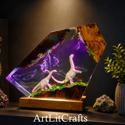handmade sauropod dinosaur resin lamp prehistoric scene, branded 'ArtLitCrafts'.