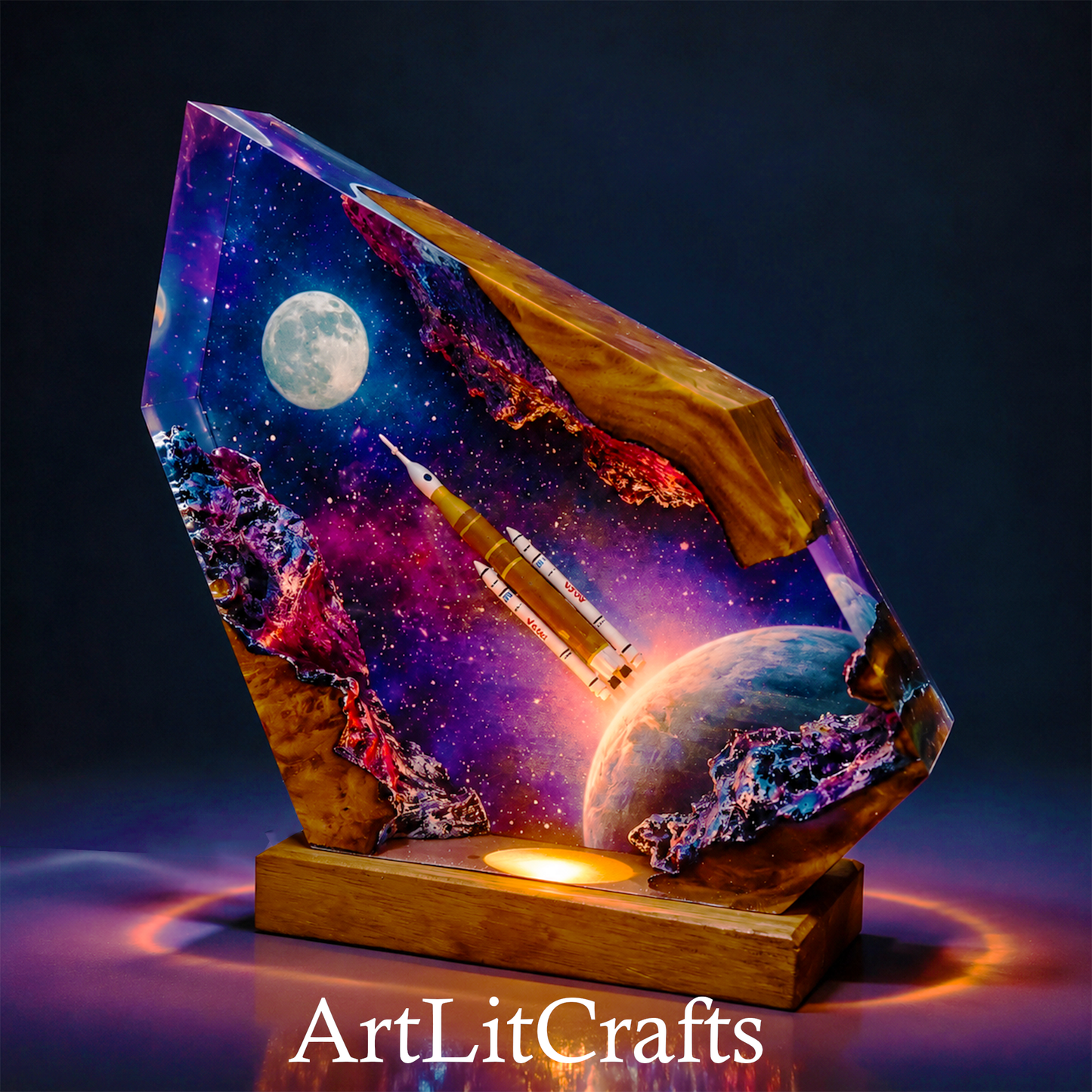Decorative lamp with space-themed design featuring a rocket launch scene and planets, branded 'ArtLitCrafts'.
