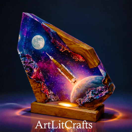 Decorative lamp with space-themed design featuring a rocket launch scene and planets, branded 'ArtLitCrafts'.