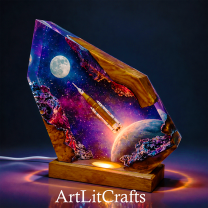Decorative lamp with space-themed design featuring a rocket launch scene and planets, branded 'ArtLitCrafts'.